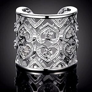 Boho Sterling Silver Wide Band Zirconia Heart Cuff Ring